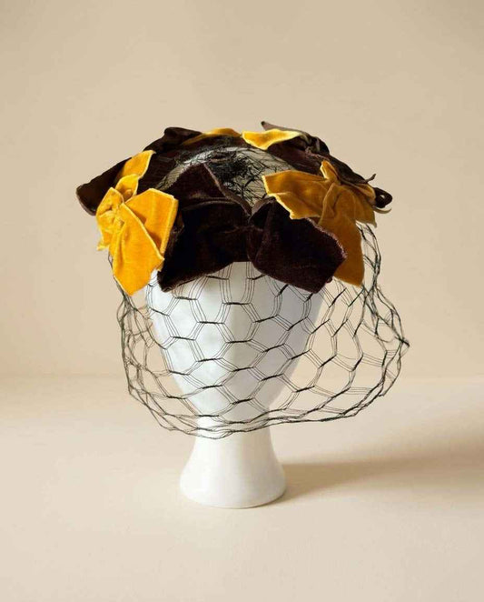 Vintage 1960s Brown & Mustard Yellow Veiled Halo Hat | Velvet Bow Cocktail Hat | Mid Century Birdcage Veil | Wedding &amp; Derby Hat
