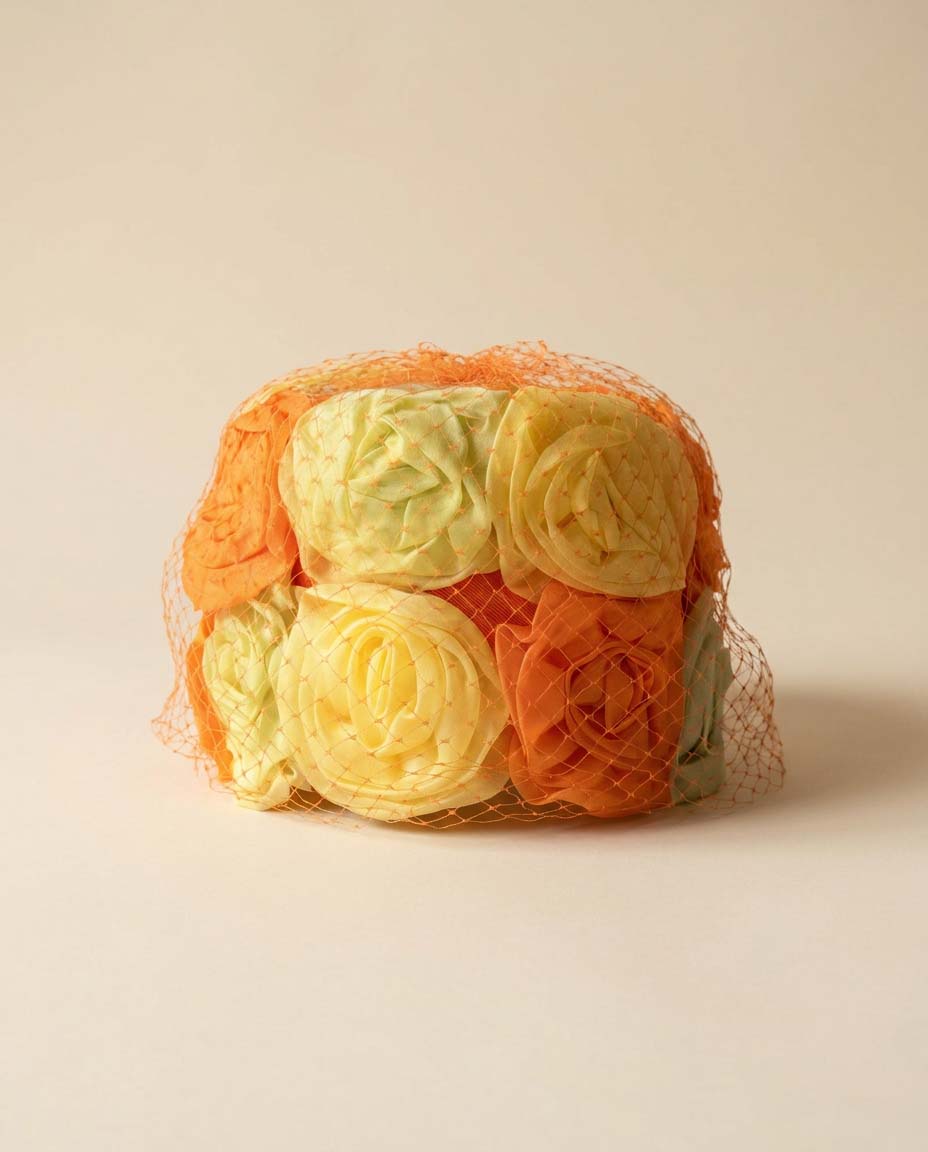Vintage Wilshire Floral Toque Hat, 1960s Peach Yellow Rosette Hat, Veiled Cocktail Hat, Mid Century Millinery, Wedding Guest Hat, Easter Hat