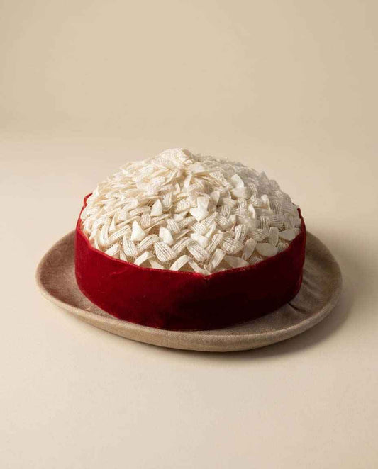 Vintage 1960s Straw Boater Hat with Red Velvet Band | Ivory Woven Crown | Taupe Brim | Mid Century Women's Hat
