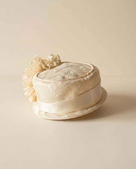 Vintage Ivory Pillbox Hat, Brocade Bridal Hat, Satin Cocktail Hat, Wedding Hat, Elegant Church Hat, Mid Century Millinery, Bridal Headpiece