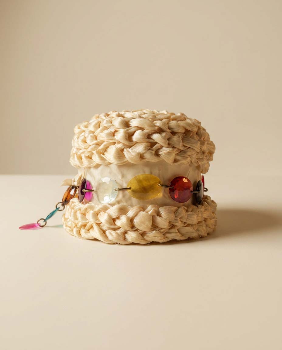 Vintage 1960s Braided Raffia Pillbox Hat, Ivory Straw Pillbox with Lucite Bead Trim, Mid Century Cocktail Hat, Mod Millinery, Women's Vintage Hat