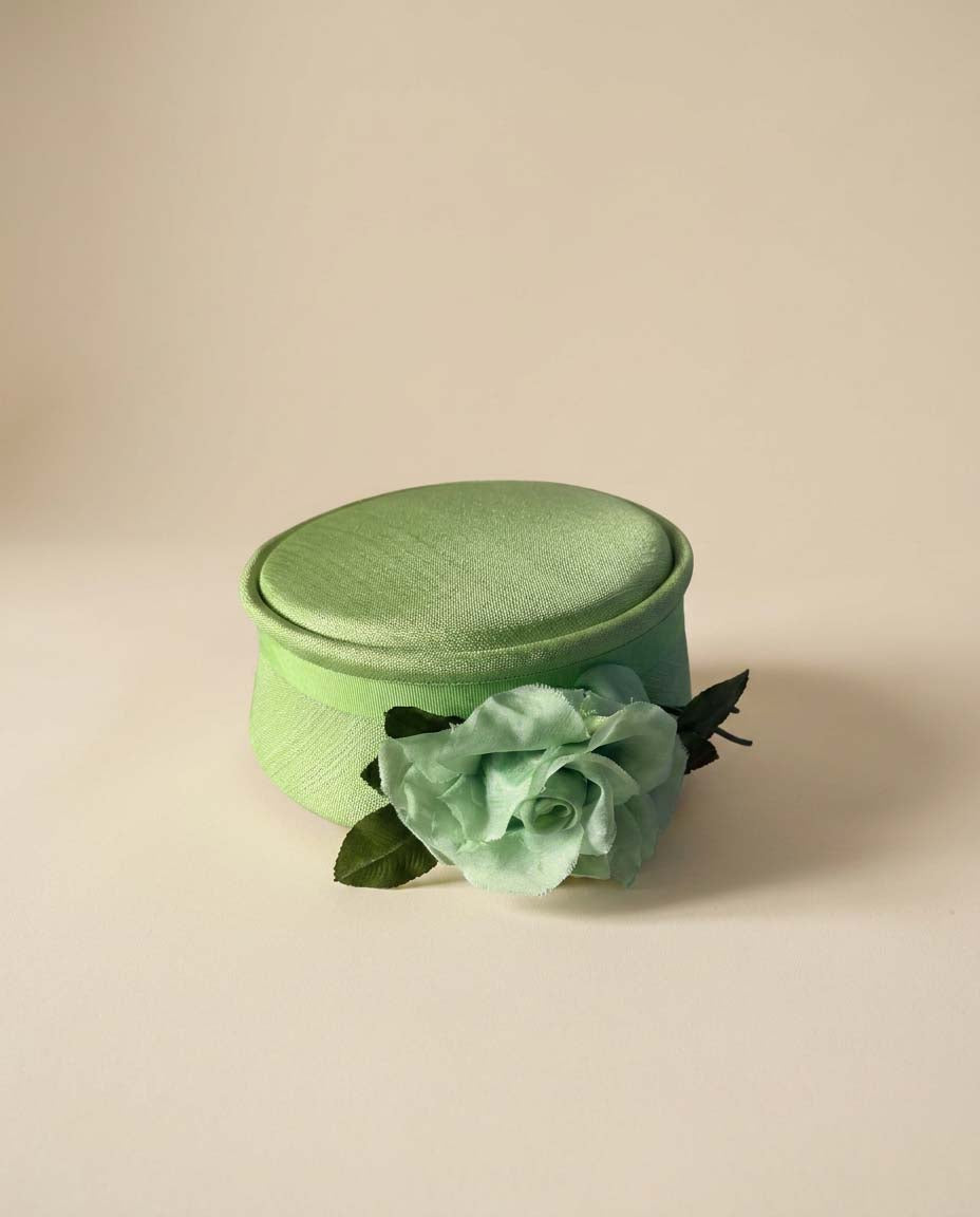 Vintage Mint Green Pillbox Hat 1960s Satin Floral Cocktail Hat Spring Wedding Fascinator