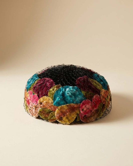Vintage Velvet Floral Pillbox Hat with Black Birdcage Veil, Jewel Tone Cocktail Hat, 1960s Fascinator, Wedding Guest Hat, Derby Hat