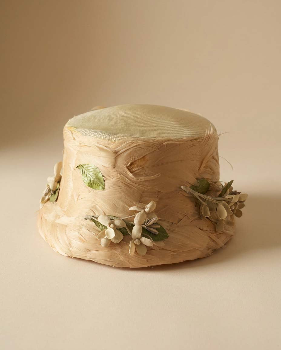 Vintage Valerie Modes Ivory Brim Hat, 1950s Floral Hat, Feather Wedding Hat, Bridal Cocktail Hat, Church Hat, Mid Century Millinery