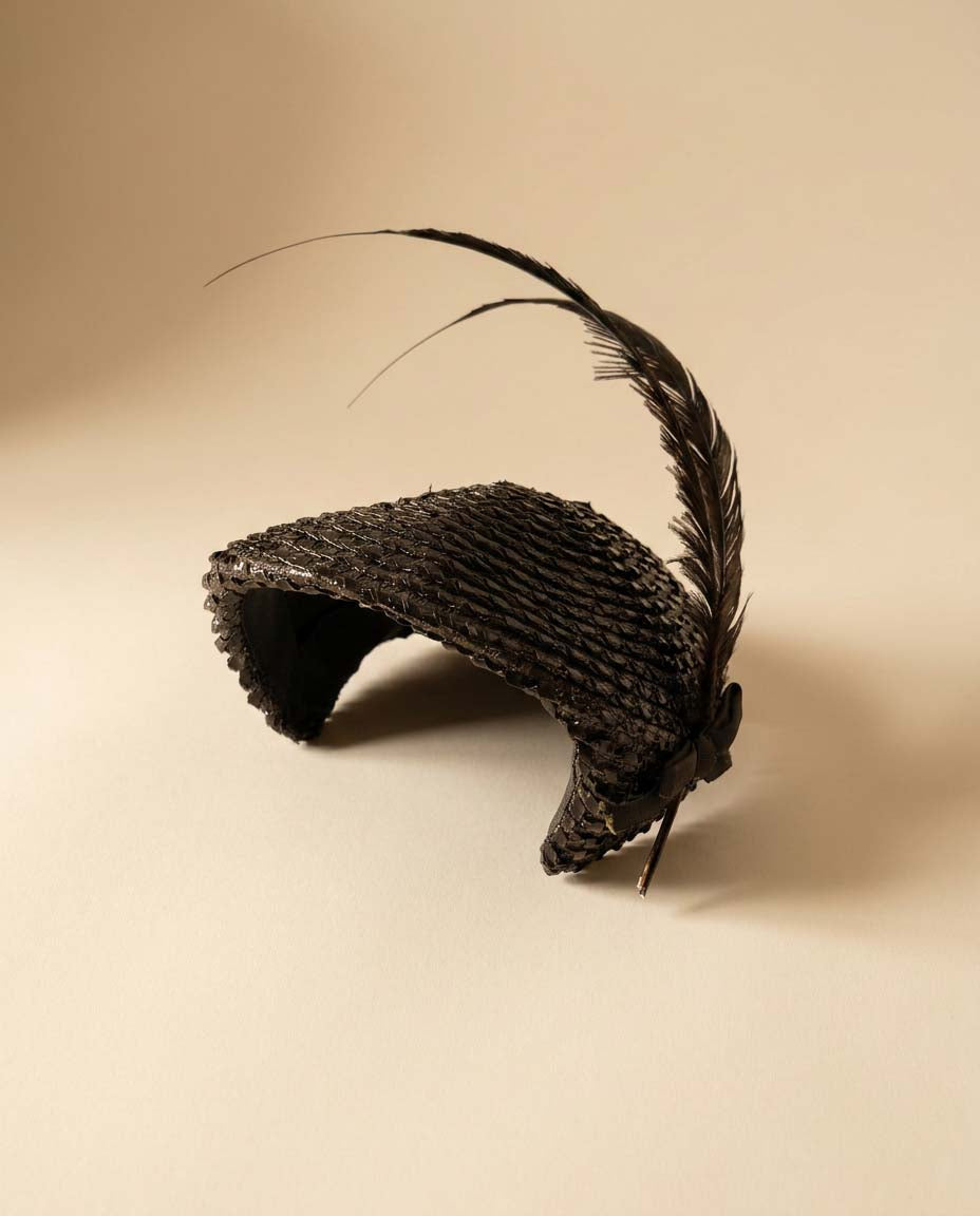 Vintage Brown Raffia Tilt Hat, Asymmetrical Cocktail Hat, Feather Fascinator, 1950s Millinery, Sculptural Straw Hat, Derby Hat, Wedding Guest Hat