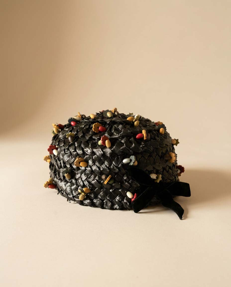 1950s Miss Sally Victor Black Raffia Pillbox Hat Wooden Bead Trim Vintage Cocktail Hat New York Designer Millinery