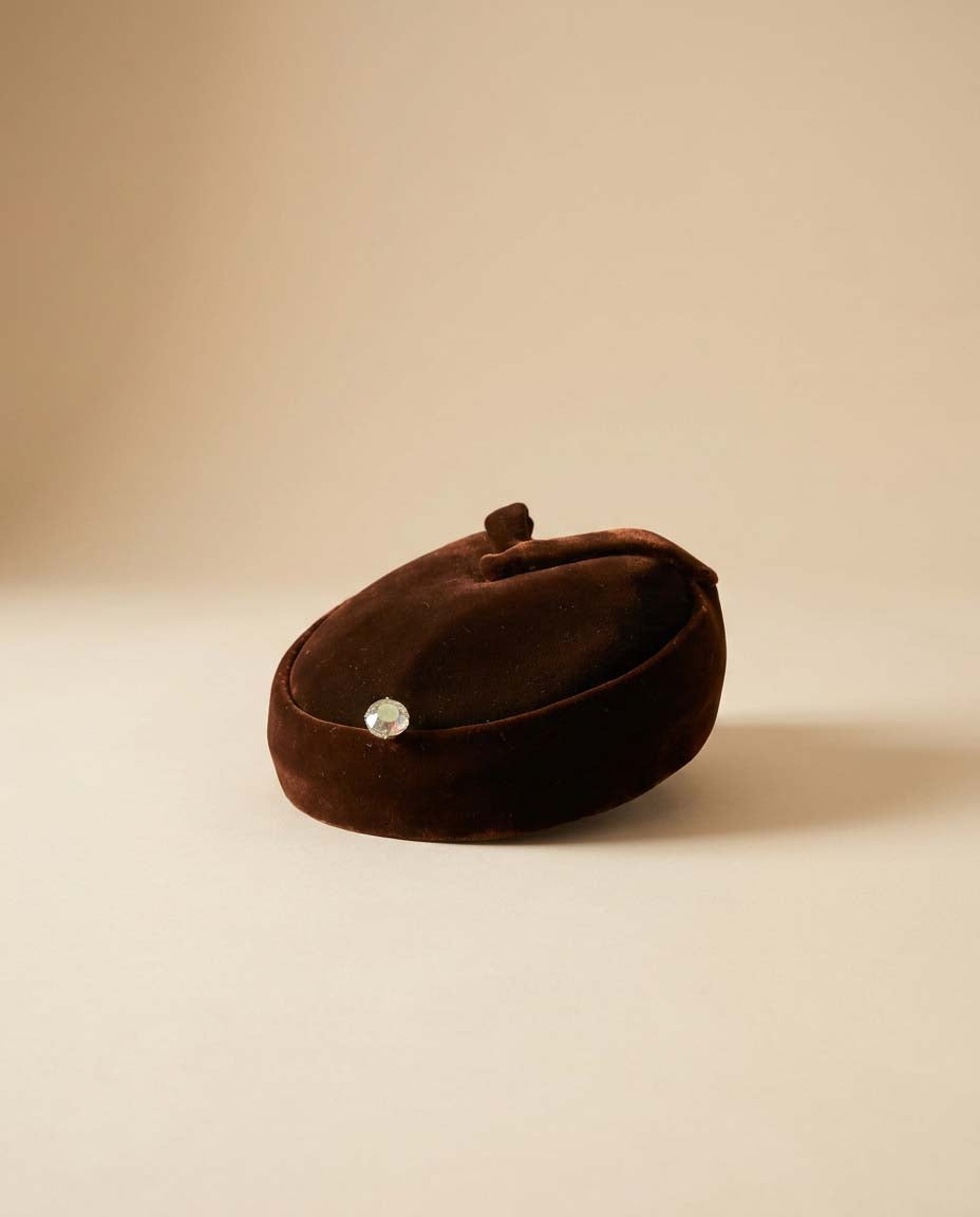 Vintage Suzy Brown Velvet Halo Hat 1960s Cocktail Hat Spring Mounted Rhinestone Mid Century Designer Millinery