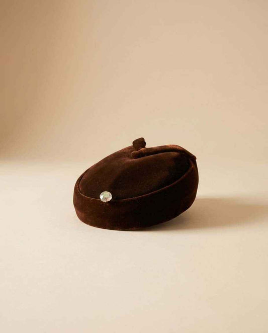 Vintage Suzy Brown Velvet Halo Hat 1960s Cocktail Hat Spring Mounted Rhinestone Mid Century Designer Millinery