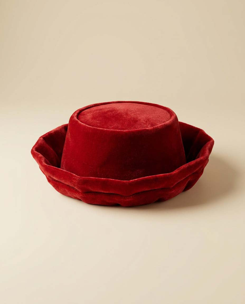 Vintage Red Velvet Brimmed Pillbox Hat 1960s Sculptural Cocktail Hat | Women's Holiday Hat | Mid Century Millinery