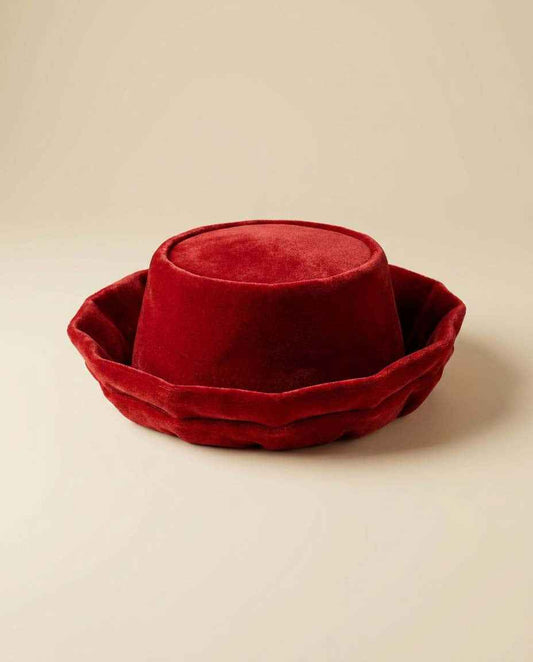 Vintage Red Velvet Brimmed Pillbox Hat 1960s Sculptural Cocktail Hat | Women's Holiday Hat | Mid Century Millinery
