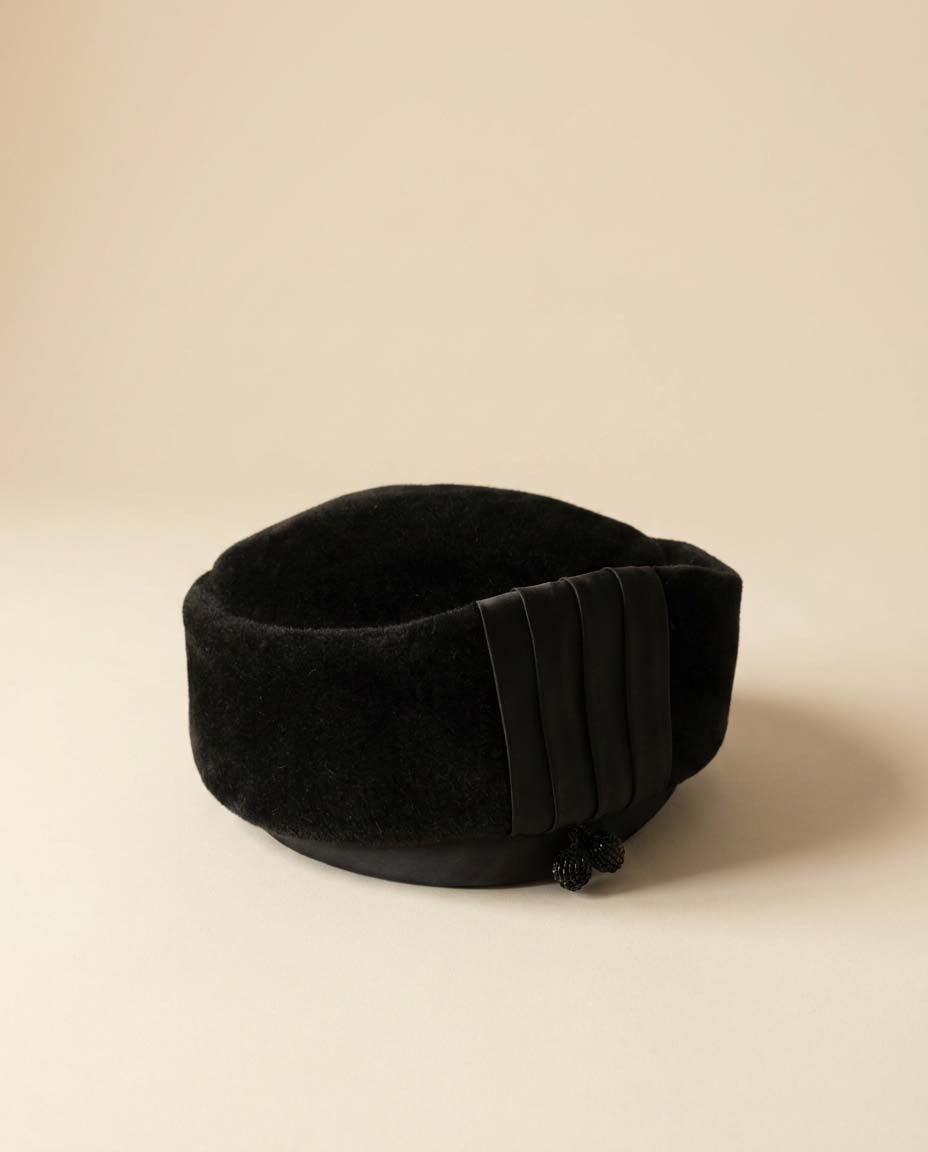 1960s Francois Paris New York Black Velvet Pillbox Hat Vintage Cocktail Hat Designer Millinery