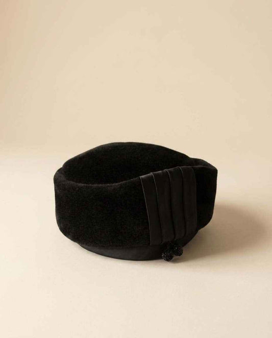 1960s Francois Paris New York Black Velvet Pillbox Hat Vintage Cocktail Hat Designer Millinery