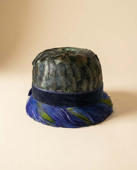 Vintage Fisk Chicago Feather Cloche Hat Blue Green Feather Hat Black Feather Crown 1960s Cocktail Hat Elegant Millinery