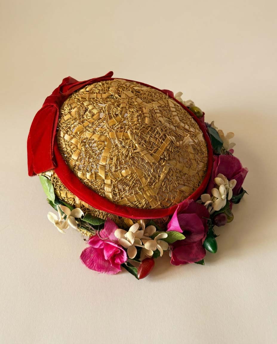 Vintage 1950s Dayton's Floral Straw Half Hat Red Velvet Bow | Mid Century Tilt Hat | Garden Party | Kentucky Derby | Bridal
