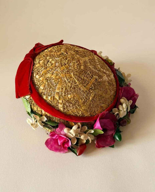 Vintage 1950s Dayton's Floral Straw Half Hat Red Velvet Bow | Mid Century Tilt Hat | Garden Party | Kentucky Derby | Bridal