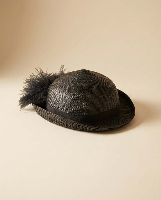Vintage Career Collection Dark Navy Straw Bowler Hat Feather Trim Derby Hat Women's Summer Cocktail Millinery