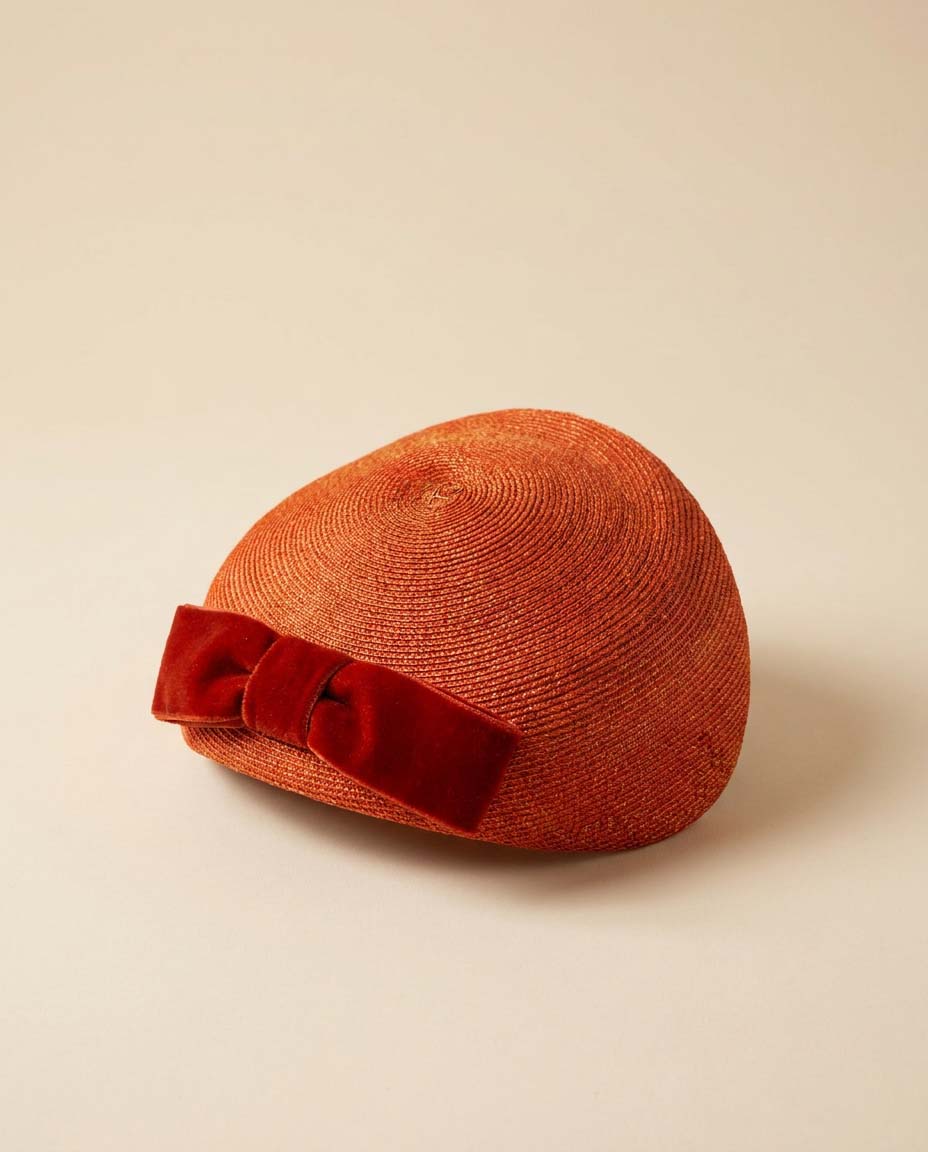 Vintage Pauline Model Orange Straw Half Hat with Velvet Bow | 1960s Mod Cocktail Hat | Mid Century Designer Millinery