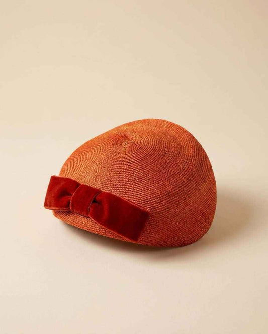 Vintage Pauline Model Orange Straw Half Hat with Velvet Bow | 1960s Mod Cocktail Hat | Mid Century Designer Millinery
