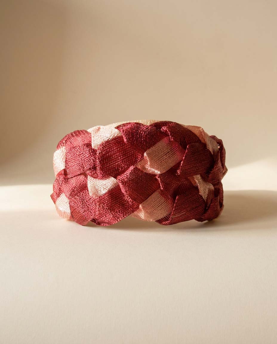 Vintage Burgundy & Blush Pink Woven Ribbon Pillbox Hat | 1960s Sculptural Cocktail Hat | Mid Century Halo Millinery