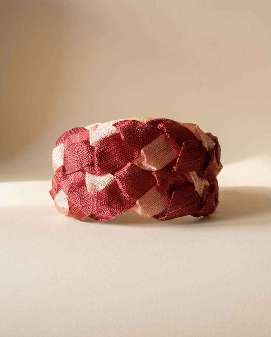 Vintage Burgundy & Blush Pink Woven Ribbon Pillbox Hat | 1960s Sculptural Cocktail Hat | Mid Century Halo Millinery
