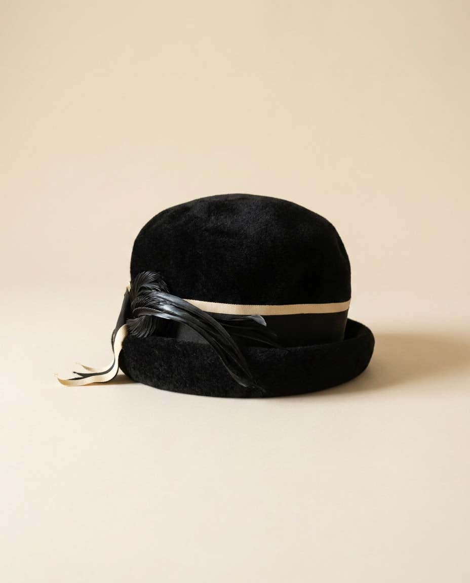 Vintage Adele Claire Black Velvet Cloche Hat 1960s Feather Cocktail Hat Black Wool Felt Designer Millinery