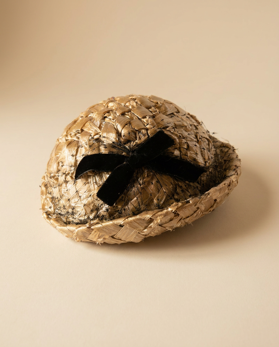 1950s Mr. D Raffia Cocktail Hat Natural Straw Pillbox Black Velvet Bow Vintage Mid Century Hat