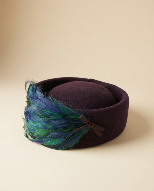 Vintage Gage Original Pillbox Hat 1950s Eggplant Wool Feather Cocktail Hat Blue Green Millinery