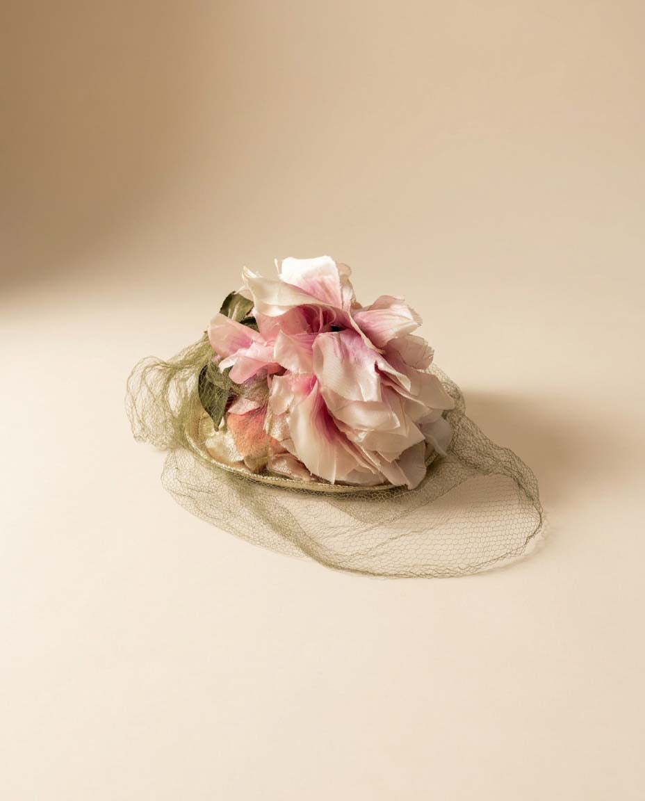 Vintage George Mandel Hat Late 1940s Floral Cocktail Hat Pink Silk Flowers Straw Tilt Hat Birdcage Veil