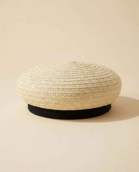 Vintage Ivory Straw Beret Hat Cream Breton Tilt Hat Black Ribbon 1960s Summer Hat Minimalist Millinery