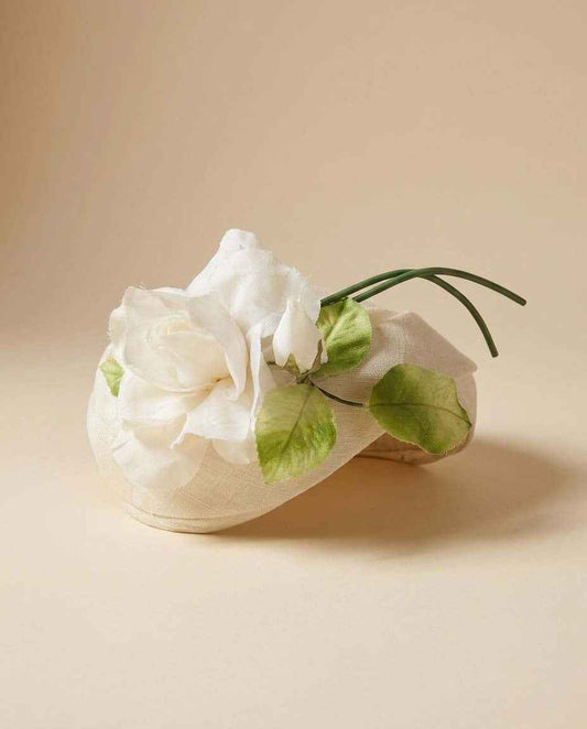 Vintage Ivory Linen Pillbox Hat White Rose Bridal Fascinator Floral Wedding Hat 1960s Vintage Millinery