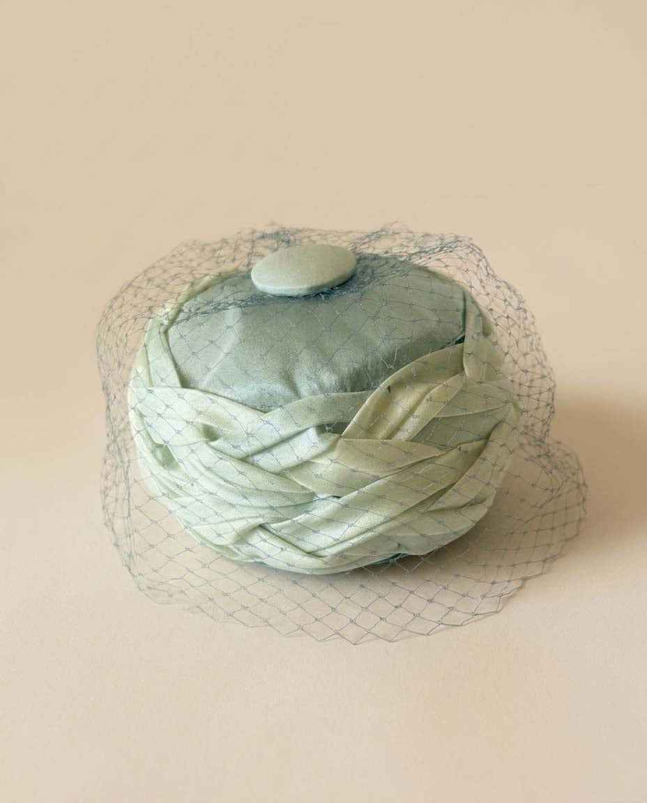 Vintage Ombre Blue Green Pillbox Hat 1960s Draped Satin Cocktail Hat Birdcage Veil Mid Century Church Hat