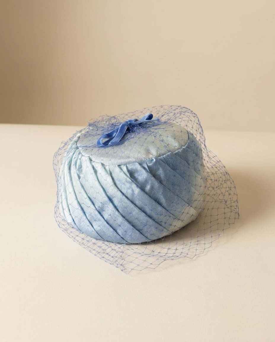 Vintage Ombre Blue Pillbox Hat Birdcage Veil 1960s Satin Cocktail Hat Ice Blue Royal Blue Church Derby Bridal Hat