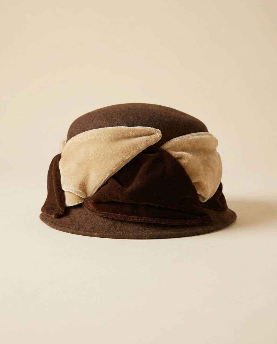 Vintage Brown Felt Cloche Hat Velvet Bow Chocolate Brown Cocktail Hat 1960s Women's Winter Millinery