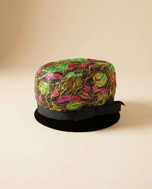 Vintage Floral Brocade Cloche Hat Black Velvet Brim Metallic Jacquard 1960s Cocktail Church Derby Hat