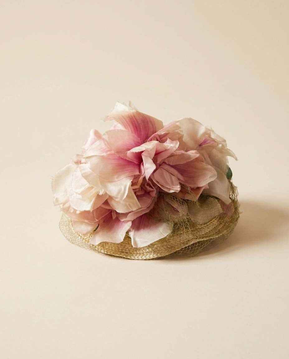 Vintage George Mandel Hat Late 1940s Floral Cocktail Hat Pink Silk Flowers Straw Tilt Hat Birdcage Veil