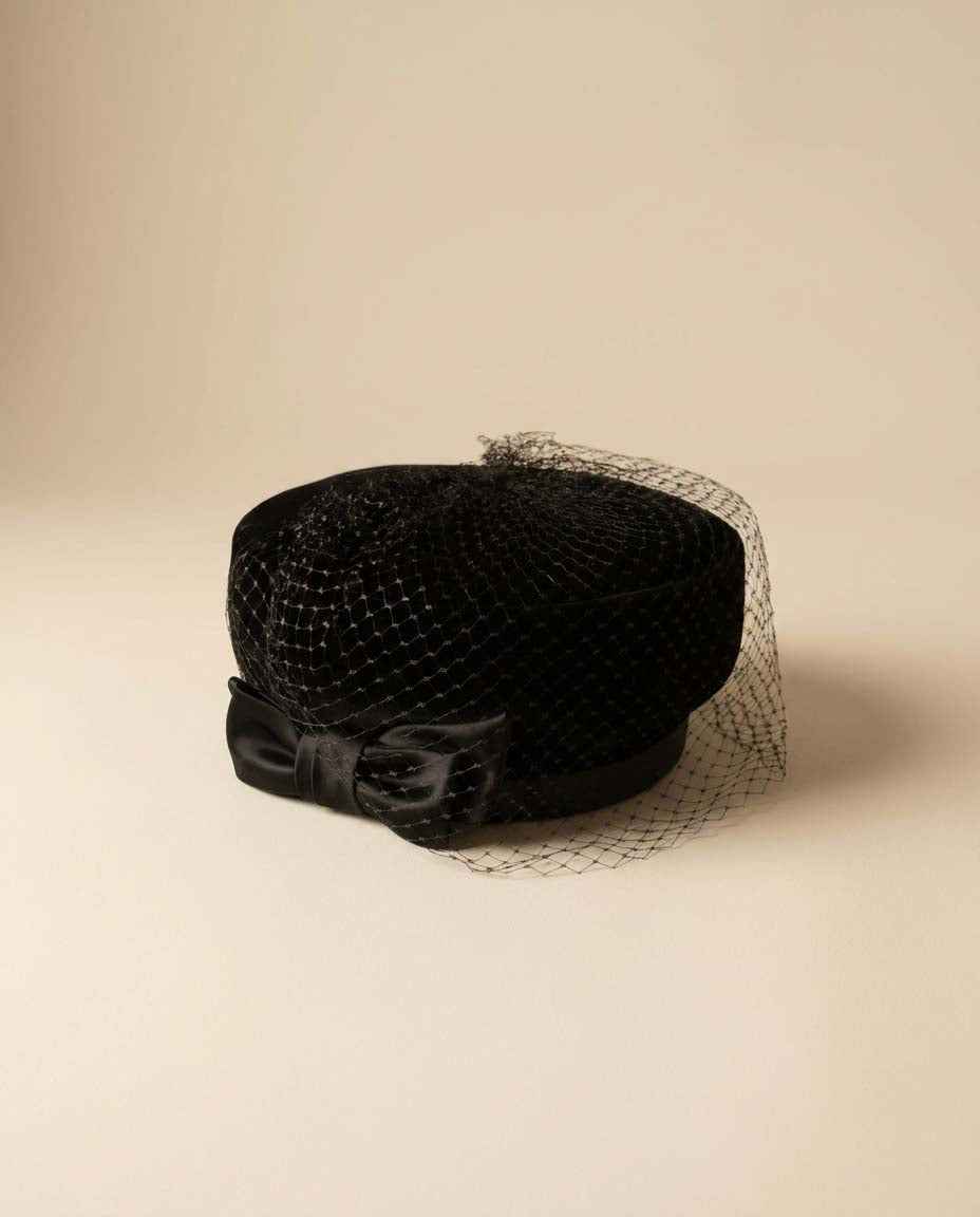 Vintage Black Velvet Pillbox Hat, Birdcage Veil Hat, Satin Bow Cocktail Hat, Vintage Funeral Hat, Women's Formal Hat, Classic Millinery