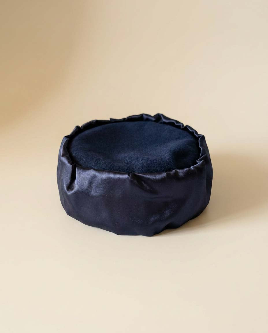 Vintage Navy Satin Pillbox Hat 1960s Cocktail Hat Minimalist Evening Hat Classic Vintage Millinery