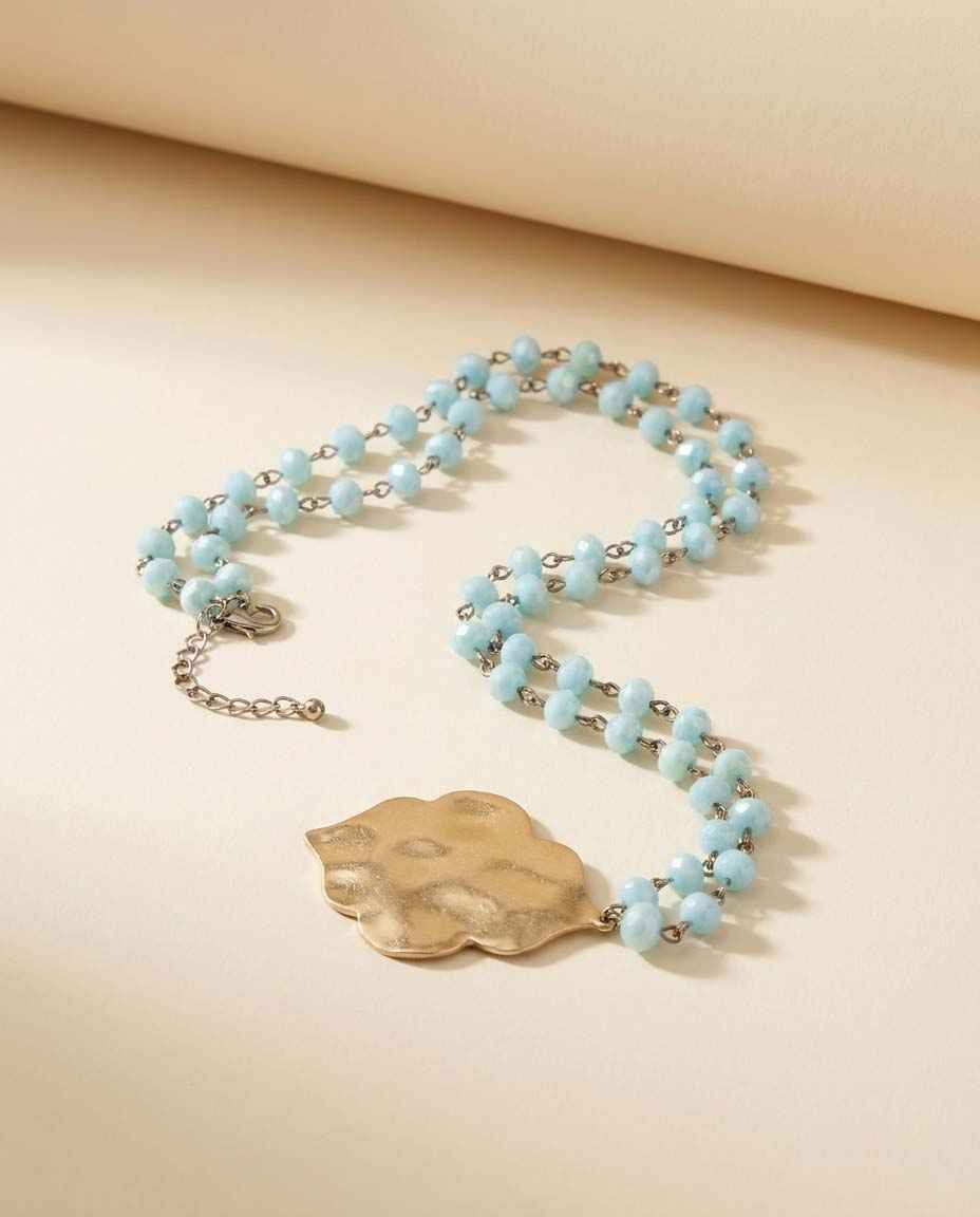 Vintage Aqua Crystal Pendant Necklace, Long Faceted Bead Necklace, Gold Tone Leaf Pendant, Boho Statement Jewelry, Vintage Glass Necklace
