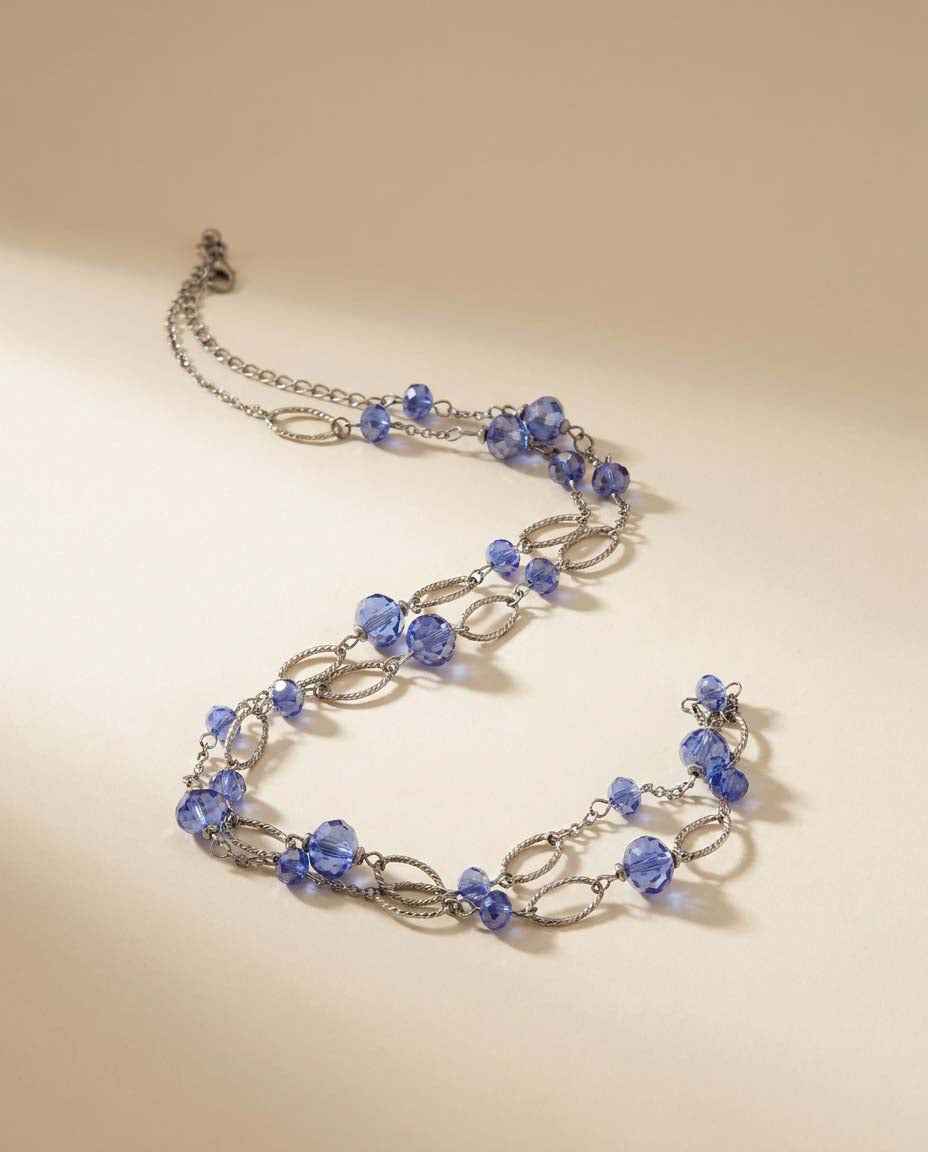 Vintage Blue Crystal Necklace, Silver Tone Link Necklace, Long Faceted Glass Necklace, Cobalt Blue Crystal Jewelry, Mid Century Vintage Necklace