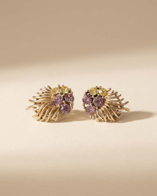 Vintage Lisner Purple & Yellow Rhinestone Clip On Earrings | Gold Tone Floral Spray Earrings | Mid Century Costume Jewelry | 1950s Statement Earrings