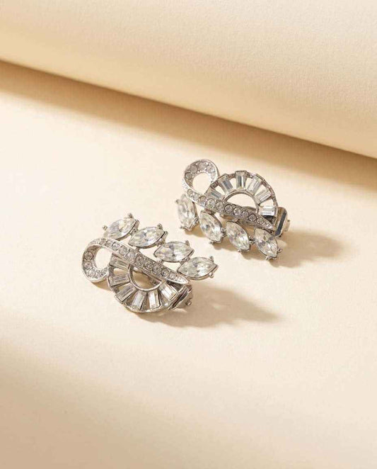 Vintage Lisner Rhinestone Clip On Earrings | Art Deco Revival Clear Crystal Earrings | Silver Tone Bridal Wedding Jewelry | Mid Century Costume Jewelry