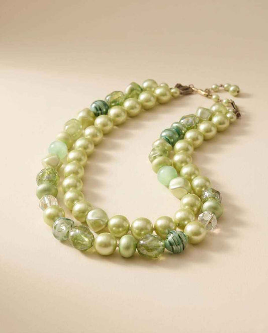 Vintage Double Strand Faux Pearl Necklace | Green Pearl & Art Glass Beaded Necklace | Mid Century Statement Jewelry | Cottagecore Spring Necklace