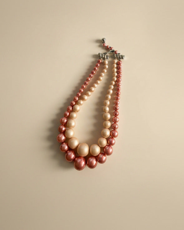 Vintage Double Strand Pink & Champagne Faux Pearl Necklace | Graduated Pearl Necklace | Mid Century Costume Jewelry | Two Tone Statement Necklace | Retro Pearl Jewelry