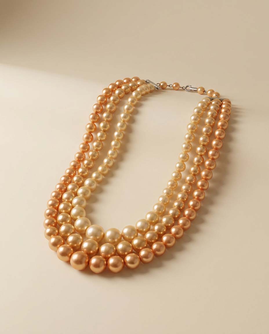 Vintage Triple Strand Faux Pearl Necklace | Champagne &amp; Peach Pearl Statement Necklace | Mid Century Costume Jewelry | Graduated Pearl Necklace | Elegant Vintage Jewelry