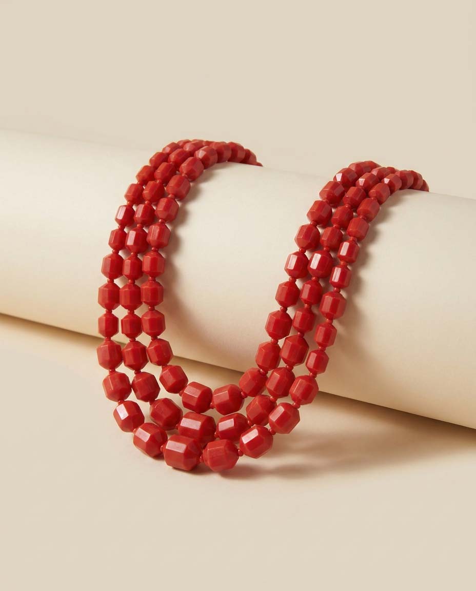 Vintage Red Triple Strand Faceted Bead Necklace | Mid Century Statement Necklace | Art Deco Inspired Costume Jewelry | Bold Red Beaded Necklace | Retro Fashion Jewelry