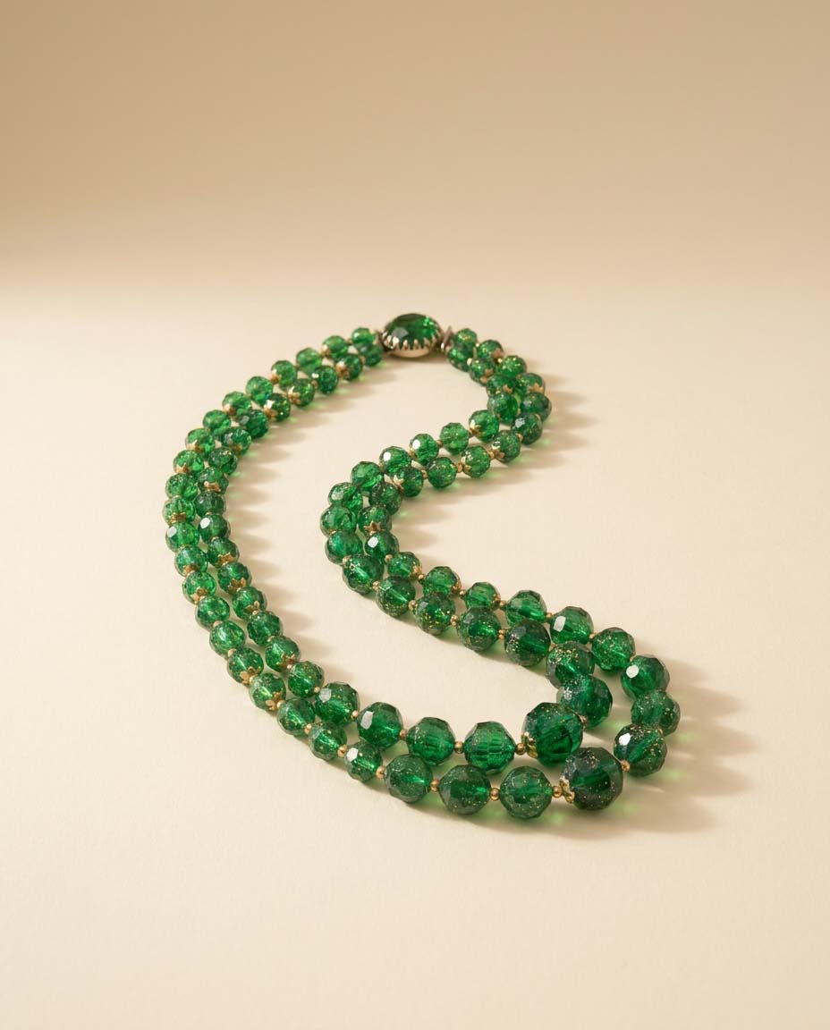 Vintage Green Glitter Lucite Double Strand Necklace | Emerald Green Faceted Bead Necklace | Mid Century Statement Jewelry | Lucite Beaded Necklace | 1950s 1960s Jewelry