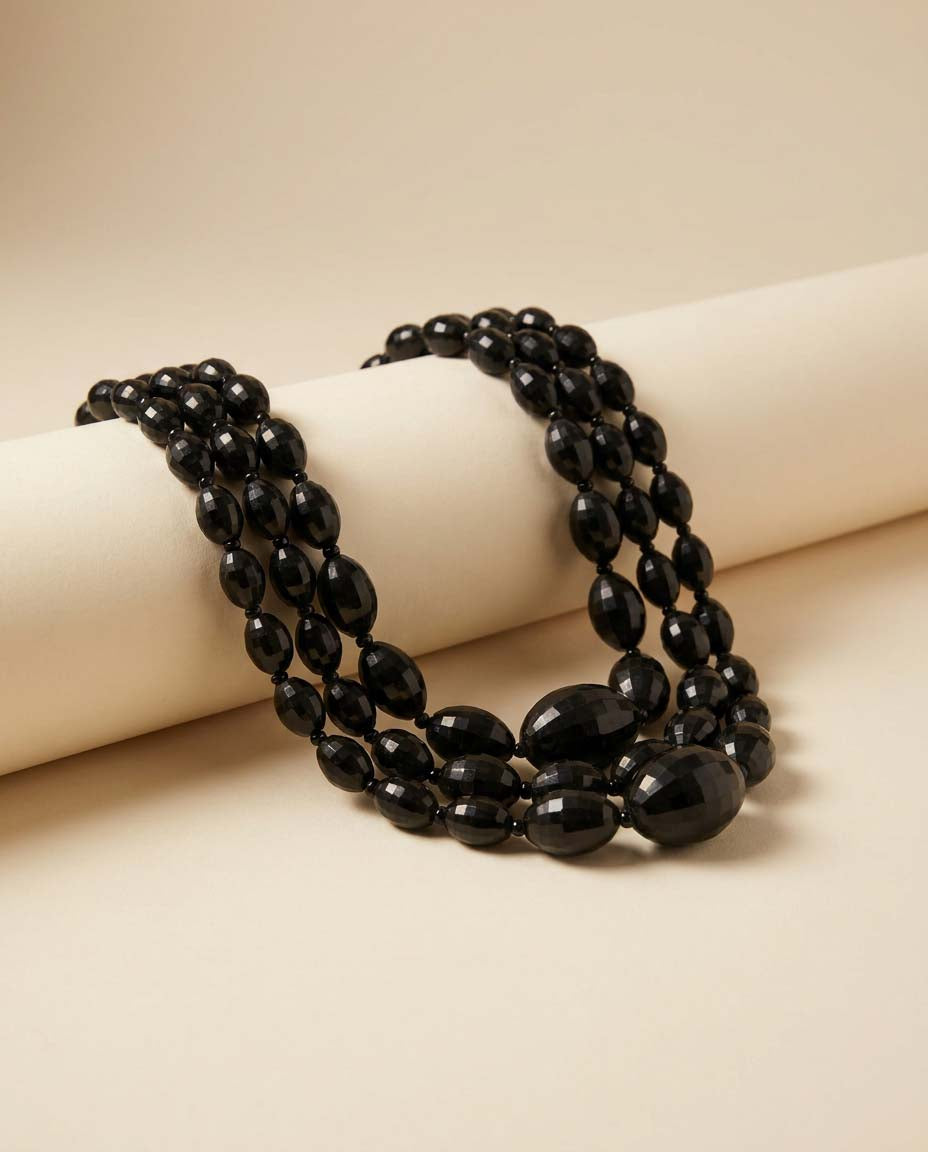 Vintage Black Faceted Lucite Triple Strand Necklace | Mid Century Black Statement Necklace | 1950s 1960s Lucite Jewelry | Graduated Bead Necklace | Vintage Costume Jewelry