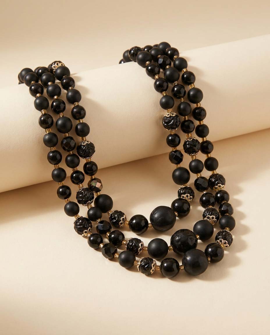 Vintage Black Triple Strand Beaded Necklace | Mid Century Matte & Glossy Black Lucite Statement Necklace | 1960s Costume Jewelry
