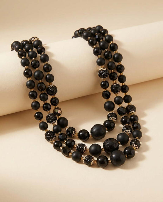 Vintage Black Triple Strand Beaded Necklace | Mid Century Matte & Glossy Black Lucite Statement Necklace | 1960s Costume Jewelry
