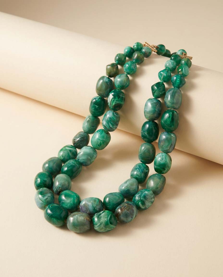 Vintage Green Marbled Lucite Double Strand Necklace | Mid Century Green Beaded Necklace | 1950s 1960s Chunky Lucite Jewelry | Retro Statement Necklace